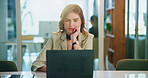 Thinking, woman and reading on laptop in office for planning, research and budget review at company. Female person, thoughts and online for financial decision, feedback ideas and negotiation proposal