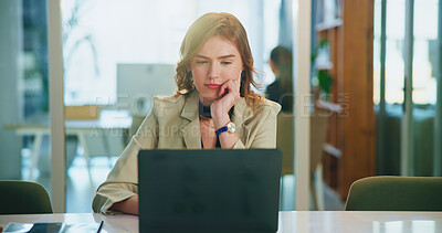 Buy stock photo Thinking, woman and reading on laptop in office for planning, research and budget review at company. Female person, thoughts and online for financial decision, feedback ideas and negotiation proposal