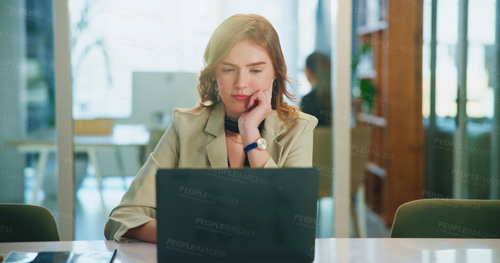 Buy stock photo Thinking, woman and reading on laptop in office for planning, research and budget review at company. Female person, thoughts and online for financial decision, feedback ideas and negotiation proposal