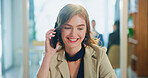 Phone call, smile and businesswoman in office with communication for positive client feedback. Contact, cellphone and female magazine editor on mobile discussion for review on publishing article.
