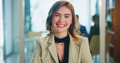 Buy stock photo Happy, professional and portrait of businesswoman in office with confidence for creative career growth. Smile, face and magazine editor from New York with pride for agency development in workplace.
