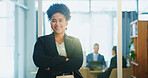 Happy, crossed arms and portrait of businesswoman in office with confidence for creative career growth at startup. Smile, face and magazine editor with pride for agency development in workplace.