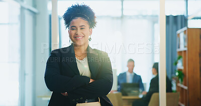 Buy stock photo Happy, crossed arms and portrait of businesswoman in office with confidence for creative career growth at startup. Smile, face and magazine editor with pride for agency development in workplace.
