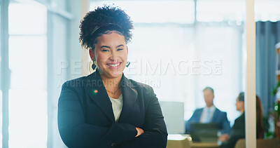 Buy stock photo Smile, crossed arms and portrait of businesswoman in office with confidence for creative career growth. Happy, face and magazine editor from Mexico with pride for agency development in workplace.