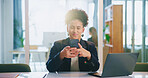 Mobile, business woman and reading in office to check email, message and accounting budget. Phone, happy worker and communication with chat app for financial news, bookkeeping and online schedule
