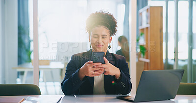 Buy stock photo Mobile, business woman and reading in office to check email, message and accounting budget. Phone, happy worker and communication with chat app for financial news, bookkeeping and online schedule