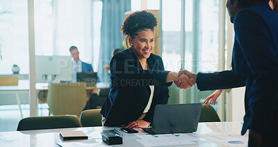 Buy stock photo Woman, meeting or handshake in job interview with smile or manager for opportunity or hiring. Shaking hands, employment or employer greeting applicant for company internship or recruitment process