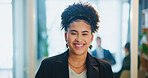 Smile, professional and portrait of businesswoman in office with confidence for creative career growth. Happy, face and magazine editor from Colombia with pride for agency development in workplace.
