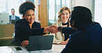People, meeting or handshake in job interview with candidate, manager or hiring opportunity. Shaking hands, employment or employer greeting applicant for company internship or recruitment process