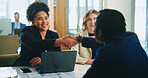 People, meeting or shaking hands in job interview with candidate, manager or hiring opportunity. Handshake, employment or employer greeting applicant for company internship or recruitment process