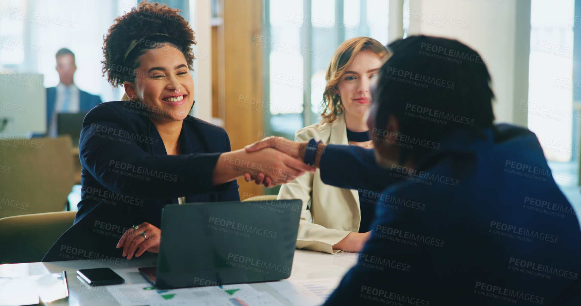Buy stock photo People, meeting or shaking hands in job interview with candidate, manager or hiring opportunity. Handshake, employment or employer greeting applicant for company internship or recruitment process