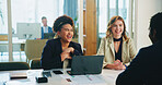 Happy, meeting or laughing in job interview with business people for opportunity and hiring. Smile, employment or employer talking to applicant in hr for company internship or recruitment process