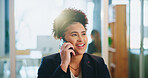 Phone call, happy and businesswoman in office with communication for positive client feedback. Contact, cellphone and female magazine editor on mobile discussion for review on publishing article.