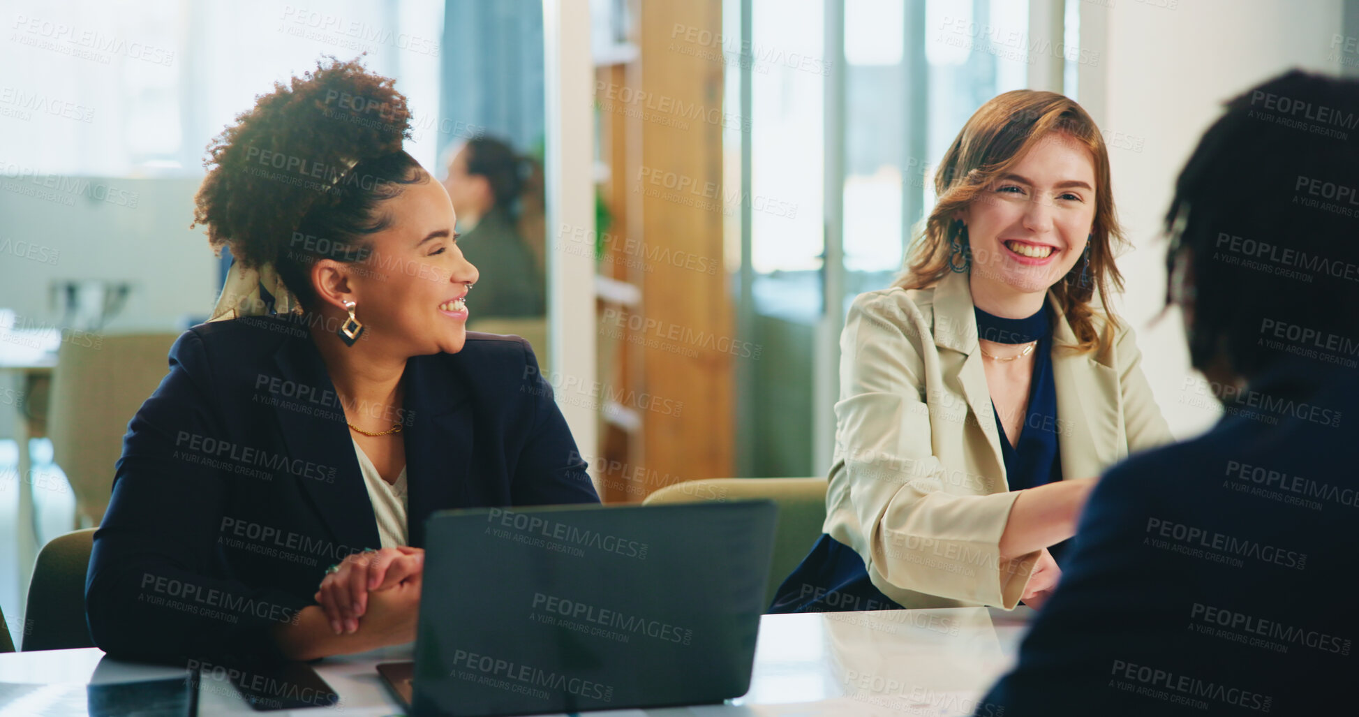 Buy stock photo Employer, meeting or smile in job interview with business people for opportunity and hiring. Happy, employment and manager talking to applicant in hr for company internship or recruitment process