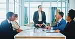 Investor, review or business people with speech in presentation for teamwork, collaboration or investment. Women, group or manager with proposal idea for project meeting, budget or risk management