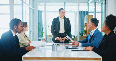 Buy stock photo Investor, review or business people with speech in presentation for teamwork, collaboration or investment. Women, group or manager with proposal idea for project meeting, budget or risk management