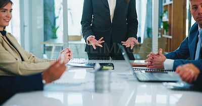 Buy stock photo Hands, speaker or business people with proposal in presentation for funding, review or investment. Feedback, group or manager with growth ideas for project meeting, company budget or risk management