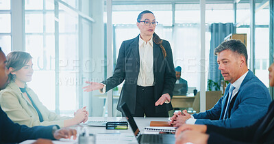 Buy stock photo Investor, feedback or businesswoman in presentation for teamwork, collaboration or investment. Manager, people or financial advisors talking for project meeting, budget growth and risk management 