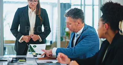 Buy stock photo Investor, review or business people with meeting in presentation for teamwork, collaboration or investment. Documents, group or manager with paper for project portfolio, budget or risk management