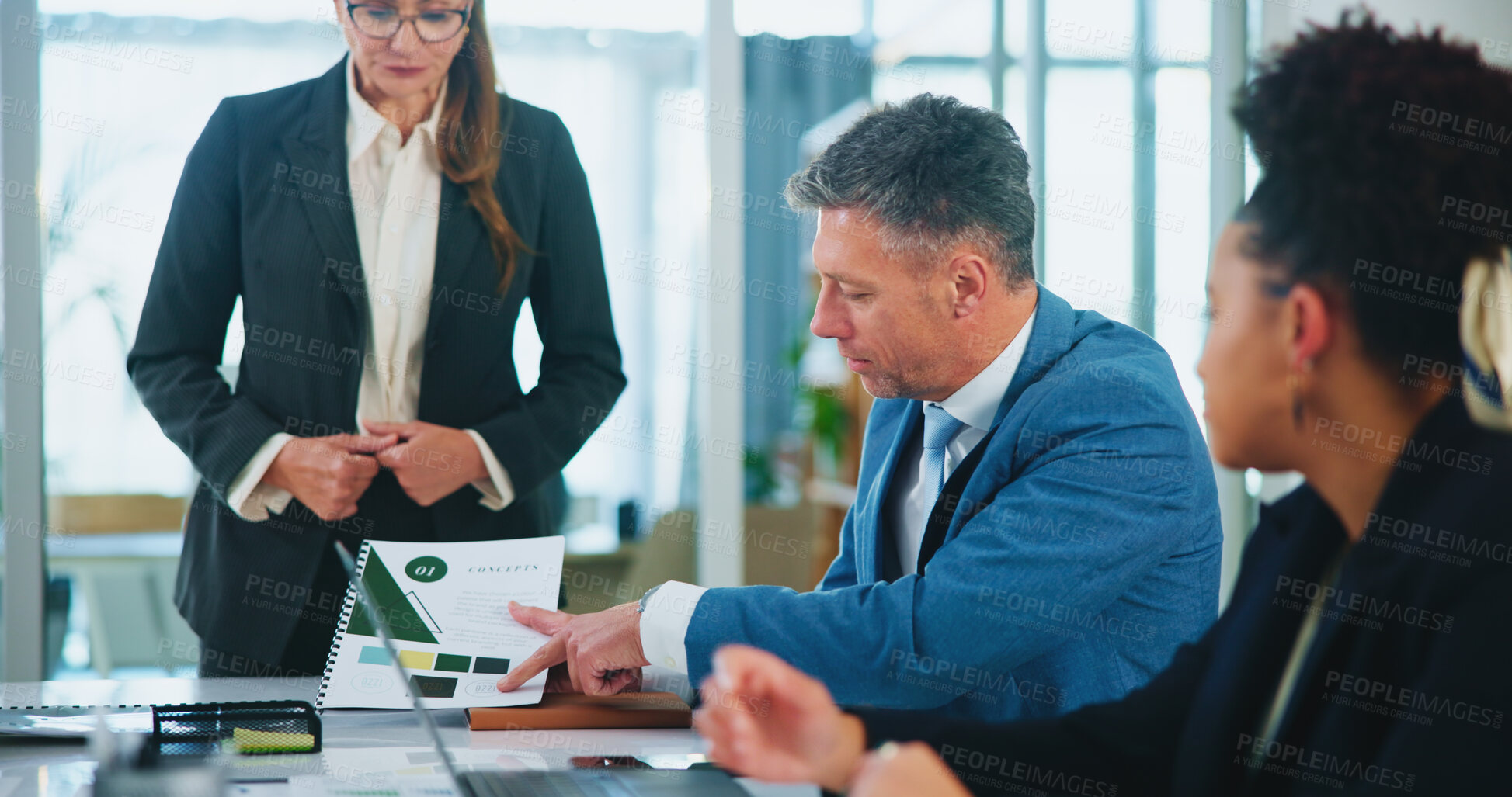 Buy stock photo Investor, review or business people with meeting in presentation for teamwork, collaboration or investment. Documents, group or manager with paper for project portfolio, budget or risk management