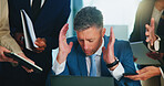 Multitasking, documents and businessman in office with stress, burnout or overwhelmed for deadline. Paperwork, chaos and male investment banker with time management for financial report with fatigue.
