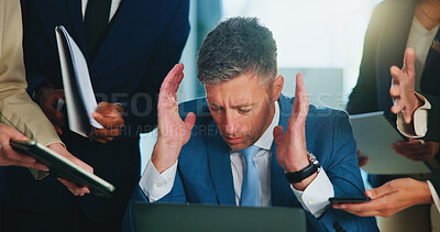 Buy stock photo Multitasking, documents and businessman in office with stress, burnout or overwhelmed for deadline. Paperwork, chaos and male investment banker with time management for financial report with fatigue.