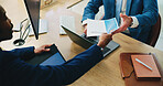 People, hands and resume with interview in office for recruitment process, job hiring and internal vacancy. Above, HR, manager and candidate with CV for performance review and promotion opportunity