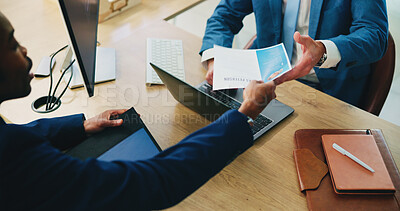 Buy stock photo People, hands and resume with interview in office for recruitment process, job hiring and internal vacancy. Above, HR, manager and candidate with CV for performance review and promotion opportunity