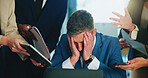 Multitasking, paperwork and businessman in office with stress, burnout or overwhelmed for deadline. Documents, chaos and male investment banker with time management for financial report with fatigue.