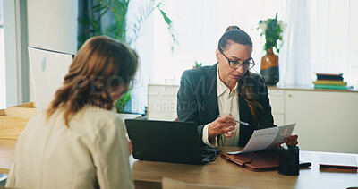 Buy stock photo HR, candidate and resume with interview in office for hiring process, job recruitment and internal vacancy. Application, manager and woman with CV document for performance review or company promotion