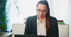 Laptop, business woman and online in office to check email, revenue and accounting budget. Computer, mature worker and reading research for financial information, bookkeeping and payroll report