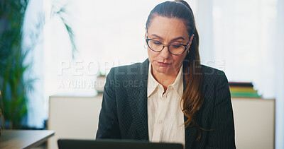 Buy stock photo Laptop, business woman and online in office to check email, revenue and accounting budget. Computer, mature worker and reading research for financial information, bookkeeping and payroll report