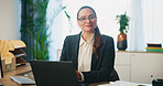 Business, woman and laptop with portrait at desk for legal research, case preparation or drafting lawsuit report. Attorney, person and smile in office for online court review, planning or legislation