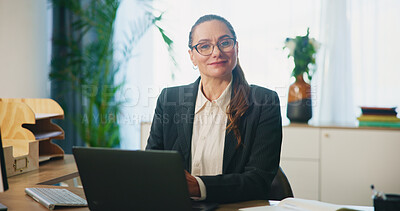 Buy stock photo Business, woman and laptop with portrait at desk for legal research, case preparation or drafting lawsuit report. Attorney, person and smile in office for online court review, planning or legislation