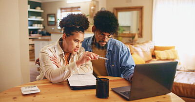 Buy stock photo Home, couple and laptop with discussion for finance, track expenses and document for budget goal. House, woman and man with talking for payment review, digital savings or mortgage bills with pointing