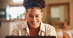 Home, woman and smile with laptop for freelancer, copywriting and information for news story. House, remote work and happy editor with digital for research, proofreading and website for blog article