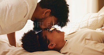 Buy stock photo Relax, couple and forehead kiss in bedroom, home and bonding for relationship, commitment and apartment. Resting, man and affection for woman, happy people and smile for romance in morning or love