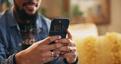 Buy stock photo Man, hands and typing with phone on sofa for dating site chat, text message and social media scroll. Closeup, person and relax with smartphone in home for subscription, app download and online search