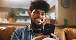 Man, happy and relax with phone on sofa for social media scroll, mobile chat or reading online news. Smile, person or smartphone in home for streaming subscription, app download or browse dating site