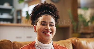 Buy stock photo Portrait, home and woman on couch, smile and confident personality with positive mindset in living room. Face, apartment and happy person on sofa, relaxing and enjoyment with pride, calm and break