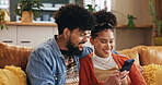 Phone, happy couple and relax in home on internet for social media post, video and financial news. Mobile, man and woman in living room with app for online banking, check account and credit score