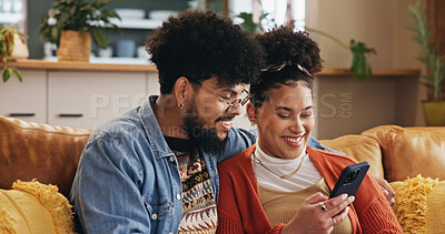 Buy stock photo Phone, happy couple and relax in home on internet for social media post, video and financial news. Mobile, man and woman in living room with app for online banking, check account and credit score