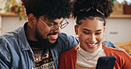 Phone, happy couple and embrace in home with internet for social media post, video and financial news. Mobile, man and woman in living room with app for online banking, check account and credit score