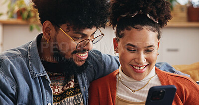 Buy stock photo Phone, happy couple and embrace in home with internet for social media post, video and financial news. Mobile, man and woman in living room with app for online banking, check account and credit score