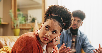 Buy stock photo Home, ignore and couple with stress, fighting and mistake with toxic relationship in lounge. Apartment, argument and man with woman on sofa, divorce or frustrated with marriage, cheating or crisis