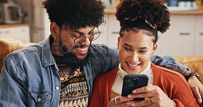 Buy stock photo Mobile, happy couple and embrace in home to relax with social media post, video and financial news. Phone, man and woman in living room with app for online banking, check account and credit score