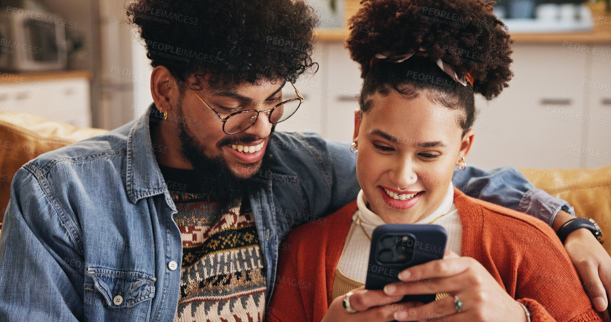 Buy stock photo Mobile, happy couple and embrace in home to relax with social media post, video and financial news. Phone, man and woman in living room with app for online banking, check account and credit score