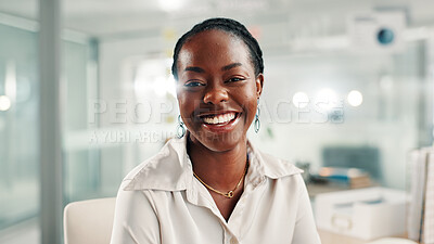 Buy stock photo Portrait, business and black woman in office, smile and career ambition with accounting. African person, employee and economy expert in workplace, corporate professional and pride with confidence
