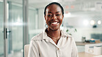 Business, black woman and portrait in office for corporate, professional career and ambition. Happy, lawyer and smile with confidence at law firm for government service, company and pride in job