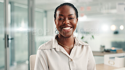 Buy stock photo Business, black woman and portrait in office for corporate, professional career and ambition. Happy, lawyer and smile with confidence at law firm for government service, company and pride in job